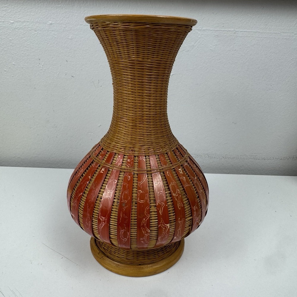 Vtg Wicker Rattan Vase Red Bamboo Inlay Boho Tropical Tiki Decor